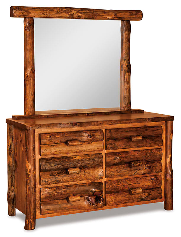 Fireside Log Furniture Small 6 Drawer Dresser with Mirror Rustic Pine SA Stain