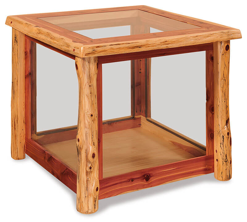 Fireside Log Furniture End Table with Glass