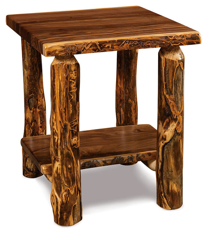 Fireside Log Furniture End Table with Shelf