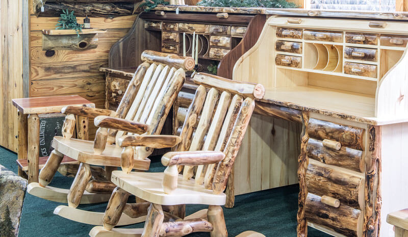 Dutchman Log Furniture Showroom Rustic Desks and Rockers